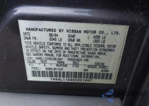 2005 Nissan Altima 2.5 S z USA, uszkodzony, nr VIN 1N4AL11D45C201947